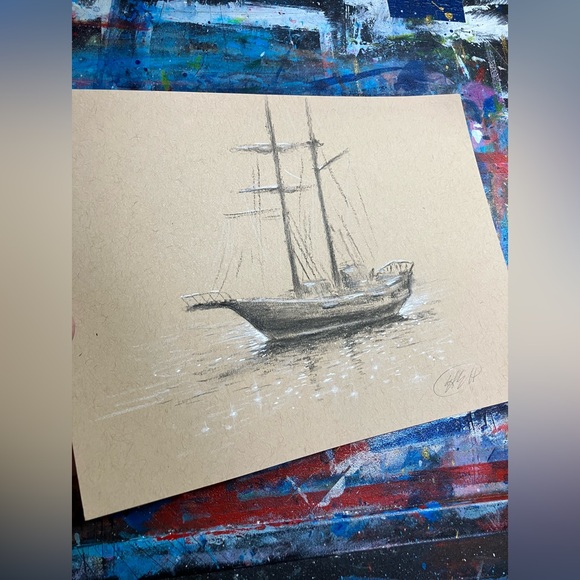 Original Sailboat Nautical Art Charcoal pastel painting Sketch Seascape artwork - Picture 3 of 6